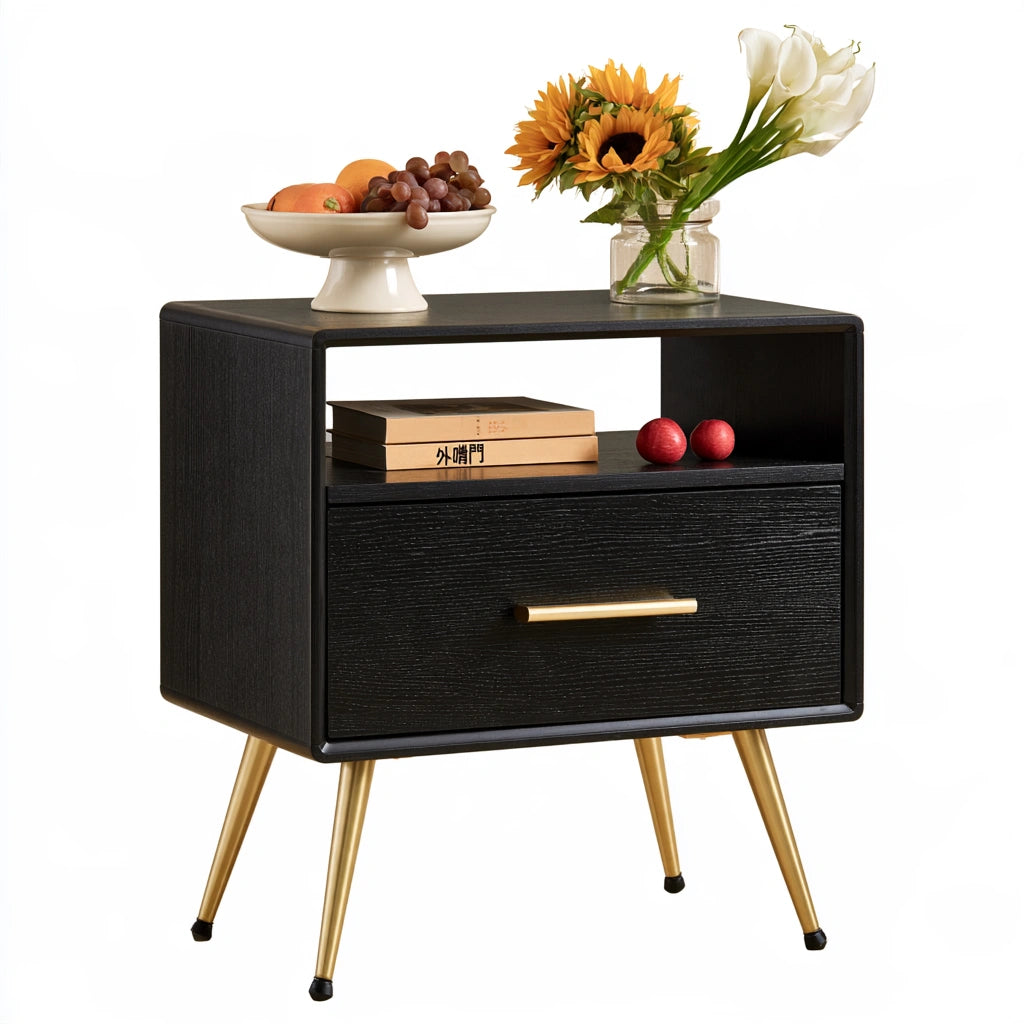 Table de chevet en bois, coloris doré et noir