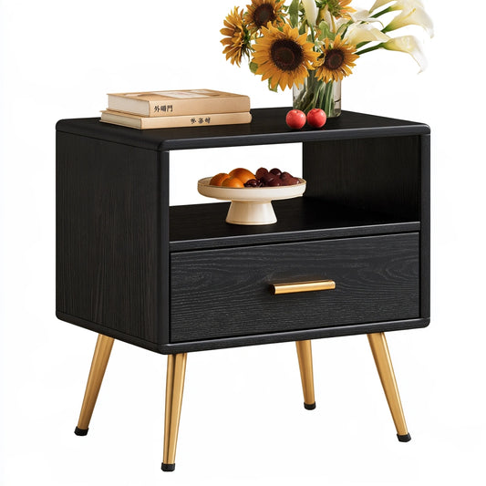 Table de chevet en bois, coloris doré et noir